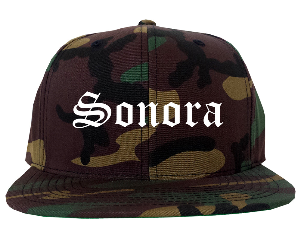 Sonora California CA Old English Mens Snapback Hat Army Camo
