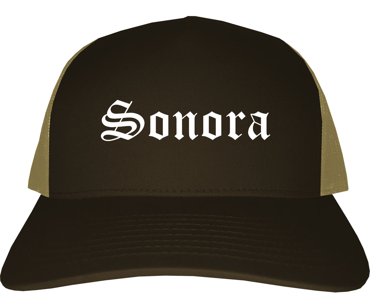 Sonora California CA Old English Mens Trucker Hat Cap Brown