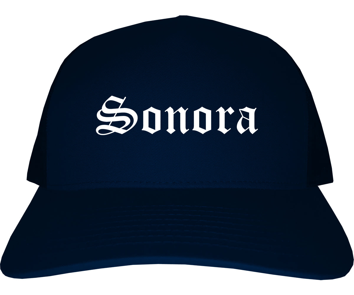 Sonora California CA Old English Mens Trucker Hat Cap Navy Blue