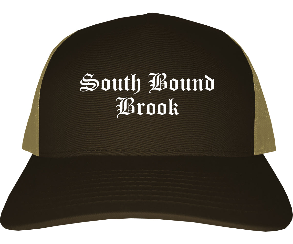 South Bound Brook New Jersey NJ Old English Mens Trucker Hat Cap Brown