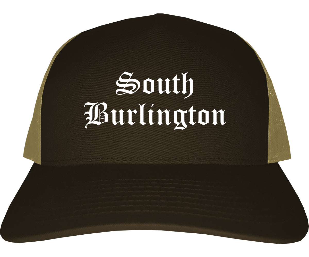 South Burlington Vermont VT Old English Mens Trucker Hat Cap Brown