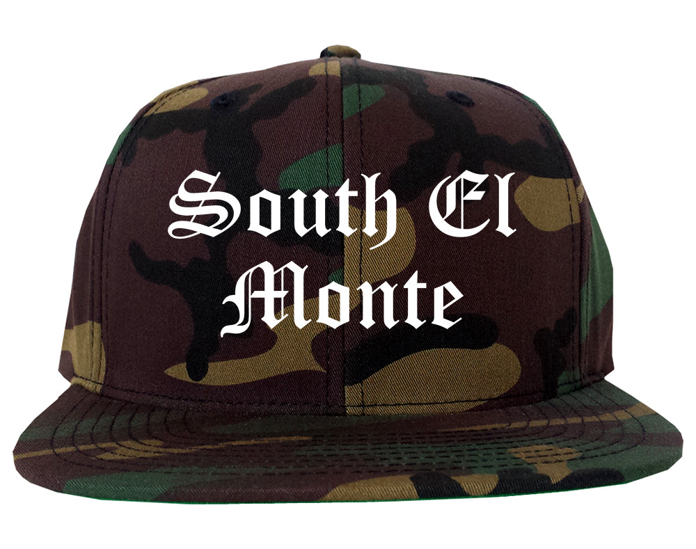 South El Monte California CA Old English Mens Snapback Hat Army Camo