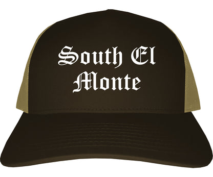 South El Monte California CA Old English Mens Trucker Hat Cap Brown