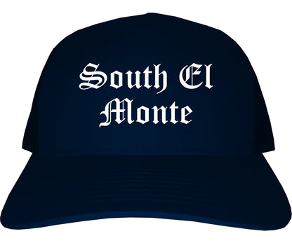 South El Monte California CA Old English Mens Trucker Hat Cap Navy Blue