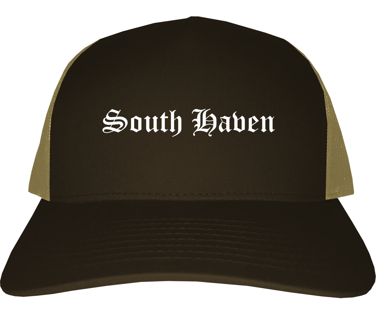South Haven Michigan MI Old English Mens Trucker Hat Cap Brown
