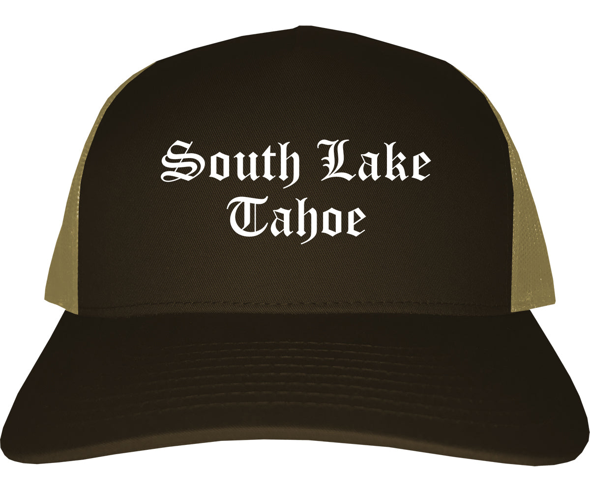 South Lake Tahoe California CA Old English Mens Trucker Hat Cap Brown
