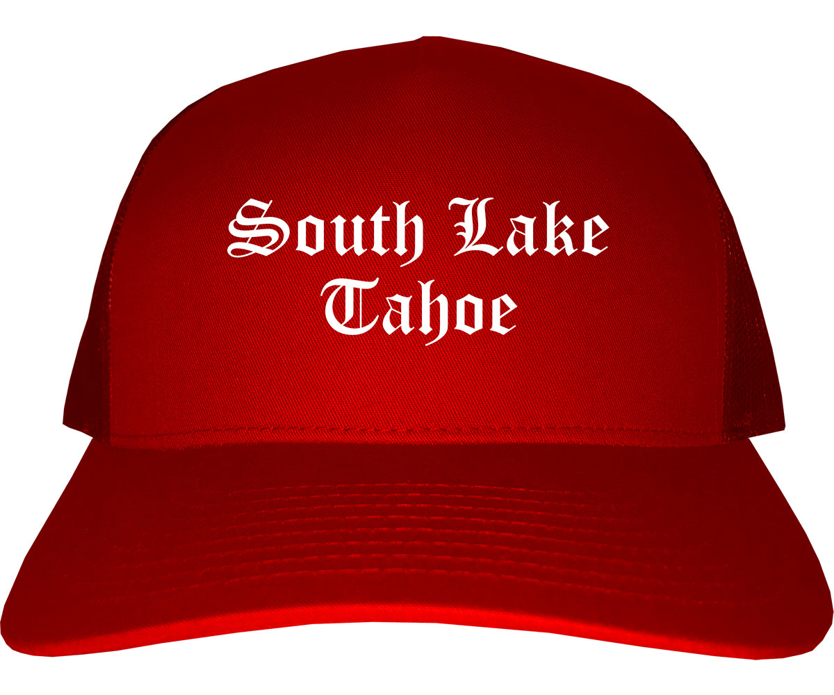 South Lake Tahoe California CA Old English Mens Trucker Hat Cap Red