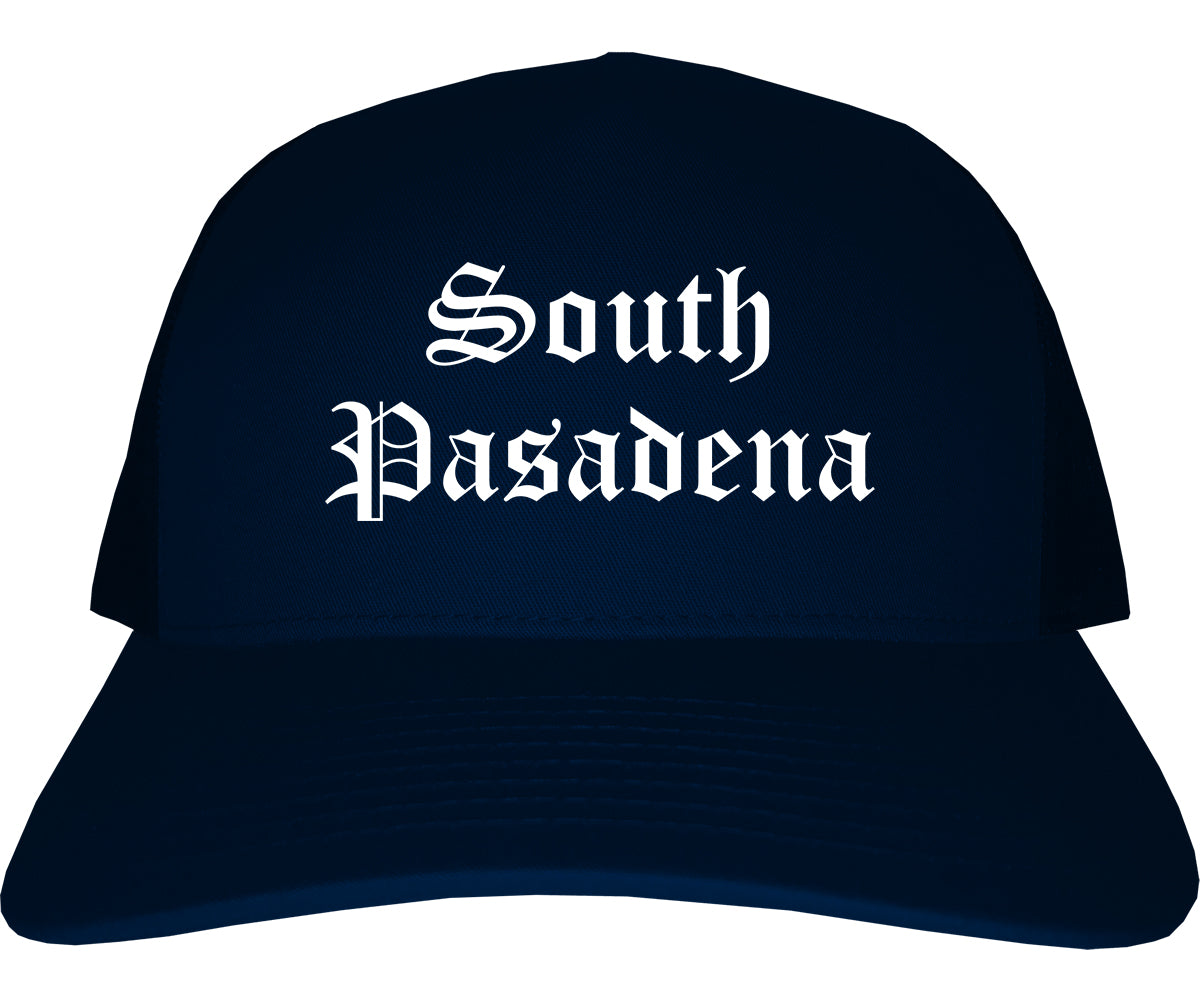 South Pasadena California CA Old English Mens Trucker Hat Cap Navy Blue