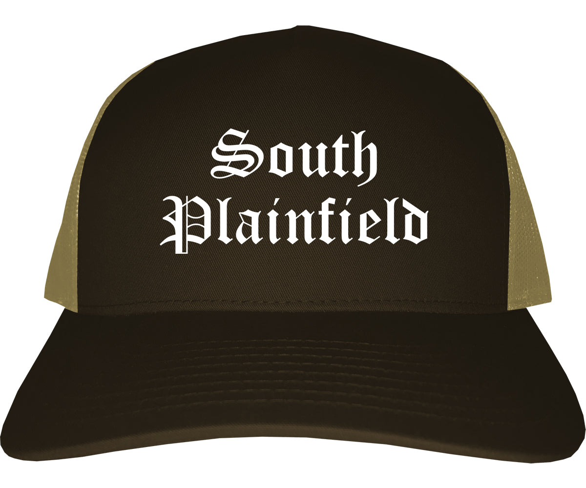 South Plainfield New Jersey NJ Old English Mens Trucker Hat Cap Brown