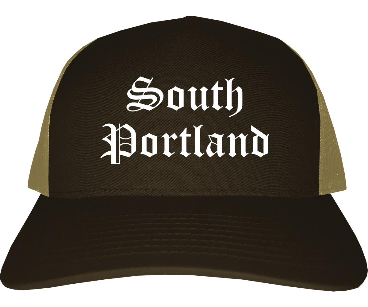 South Portland Maine ME Old English Mens Trucker Hat Cap Brown