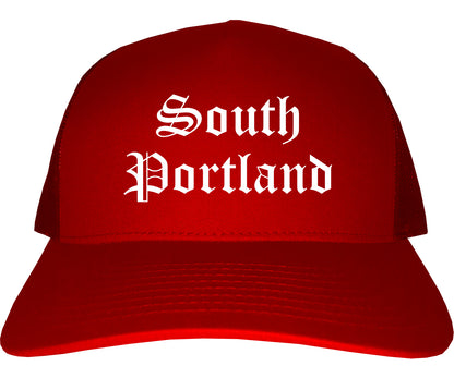 South Portland Maine ME Old English Mens Trucker Hat Cap Red