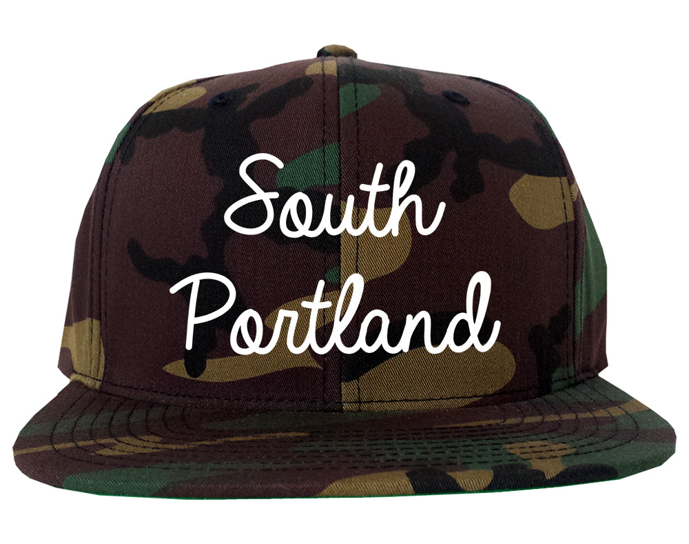 South Portland Maine ME Script Mens Snapback Hat Army Camo