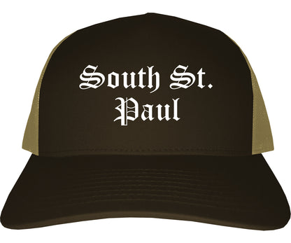 South St. Paul Minnesota MN Old English Mens Trucker Hat Cap Brown