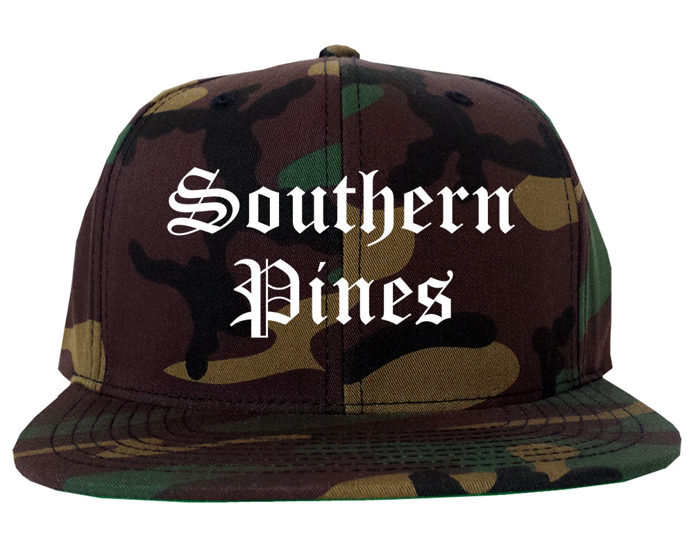Southern Pines North Carolina NC Old English Mens Snapback Hat Army Camo