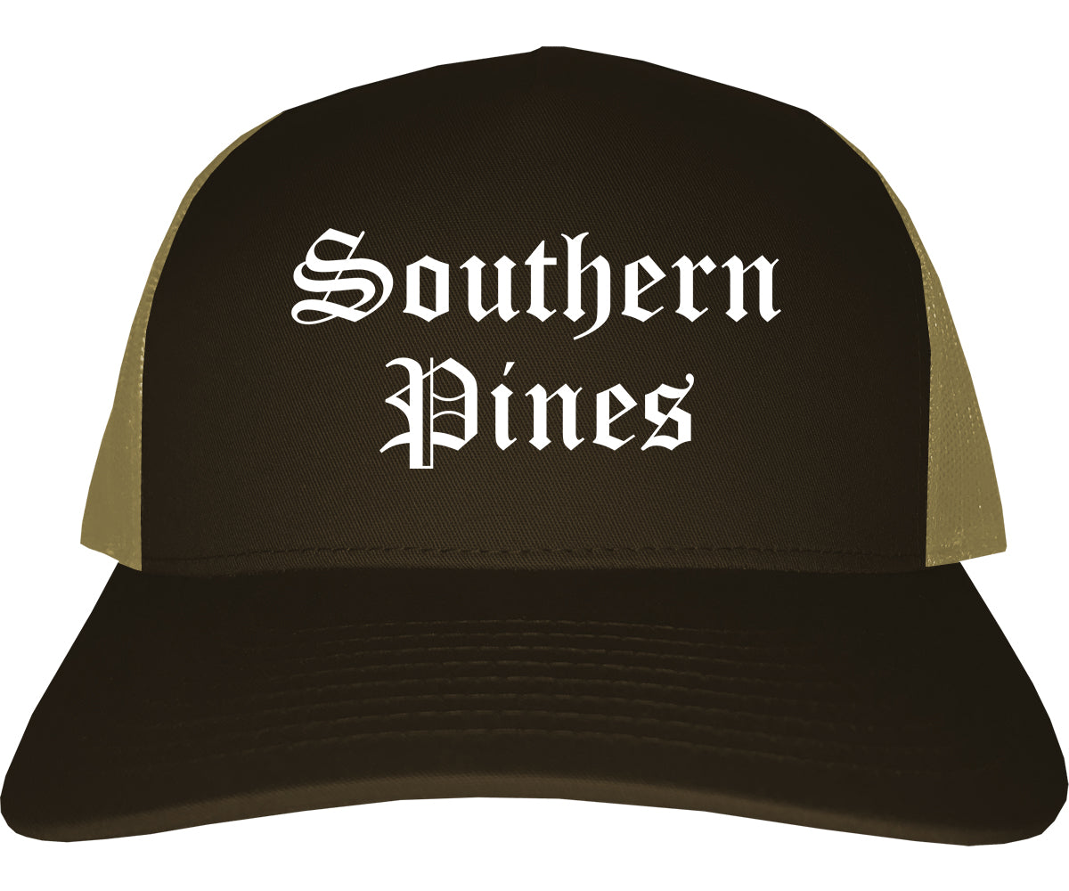Southern Pines North Carolina NC Old English Mens Trucker Hat Cap Brown