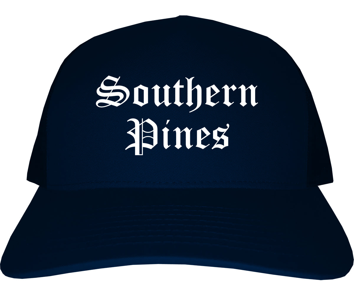 Southern Pines North Carolina NC Old English Mens Trucker Hat Cap Navy Blue