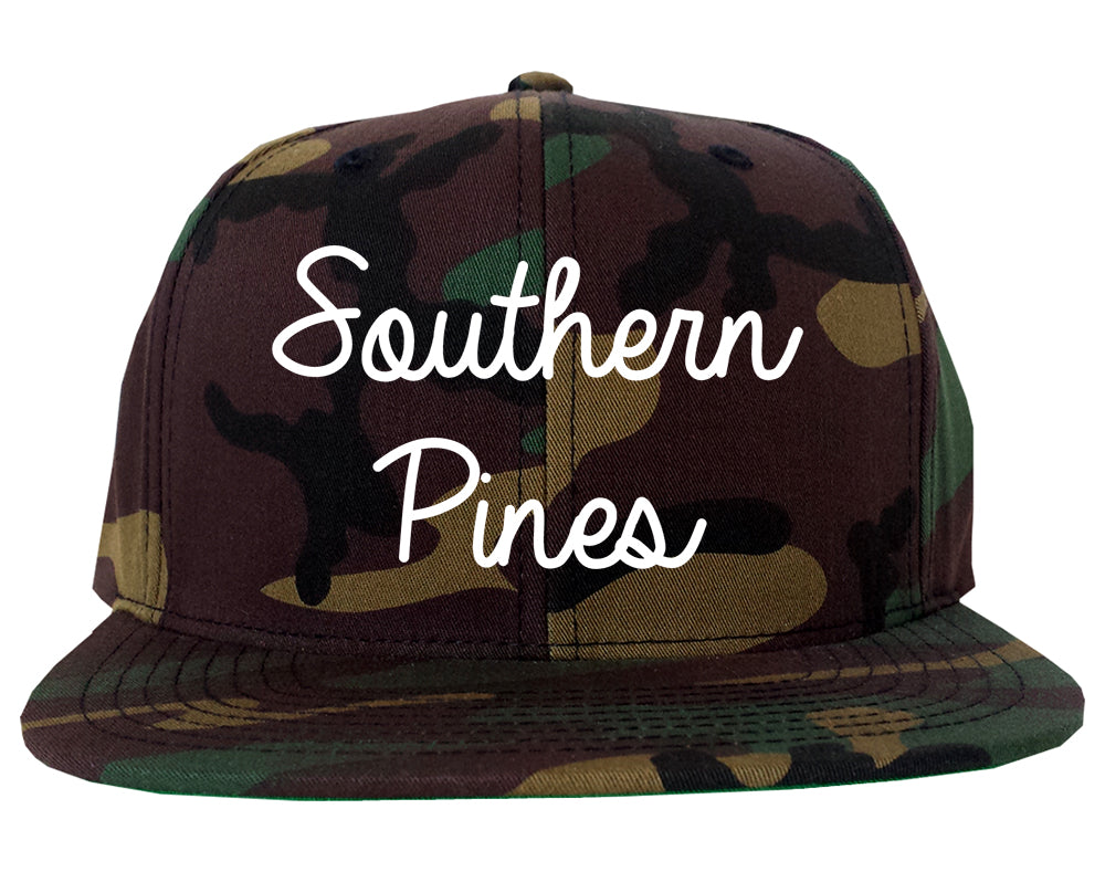 Southern Pines North Carolina NC Script Mens Snapback Hat Army Camo