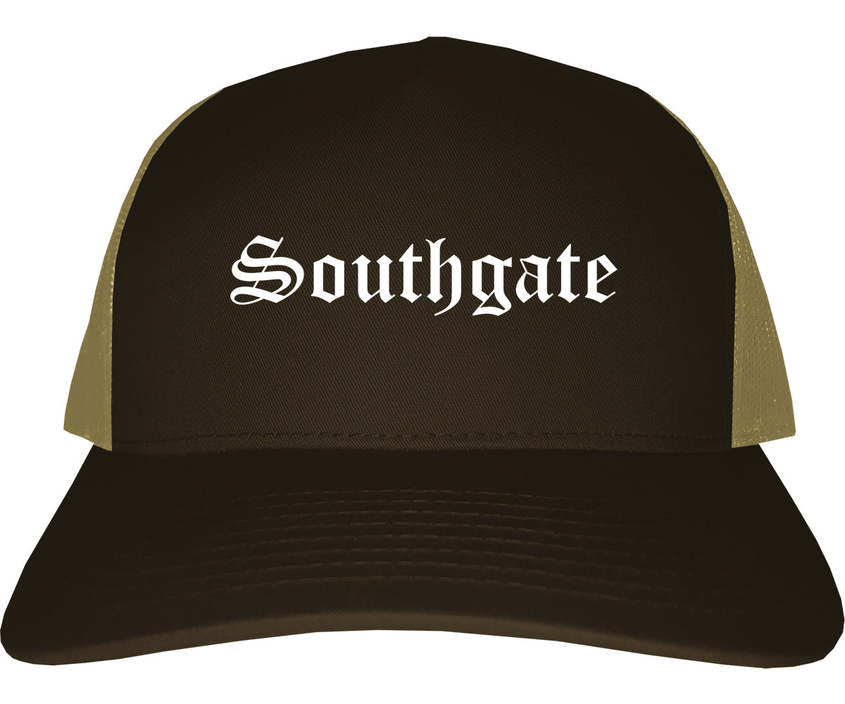 Southgate Michigan MI Old English Mens Trucker Hat Cap Brown