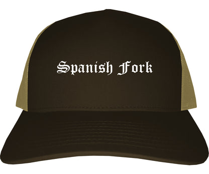 Spanish Fork Utah UT Old English Mens Trucker Hat Cap Brown