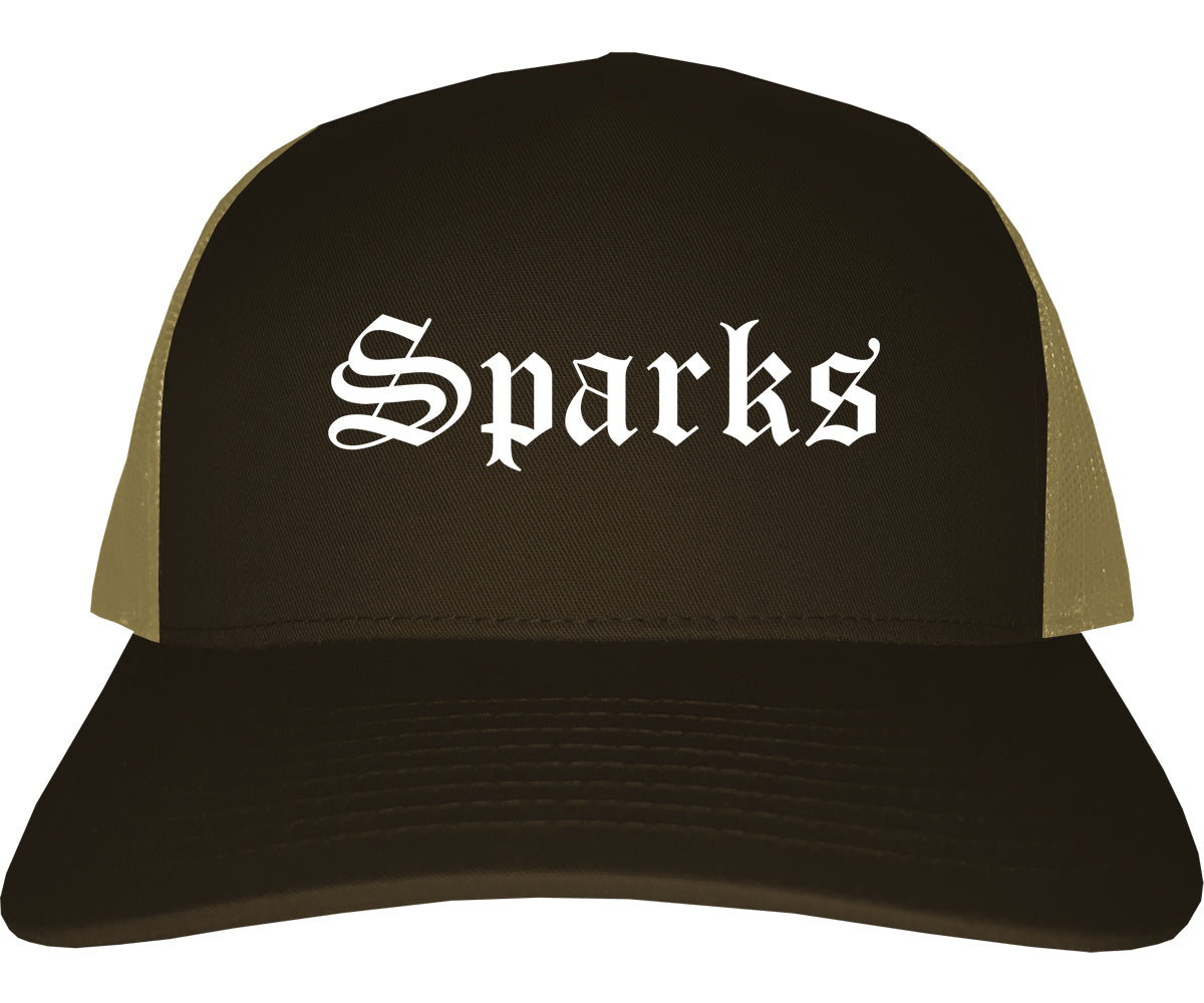 Sparks Nevada NV Old English Mens Trucker Hat Cap Brown