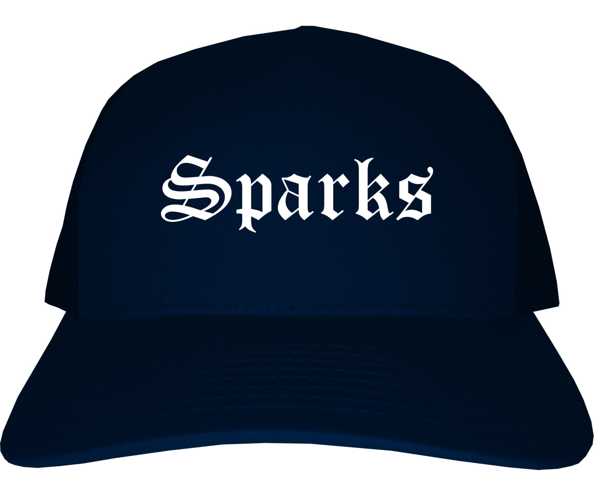 Sparks Nevada NV Old English Mens Trucker Hat Cap Navy Blue