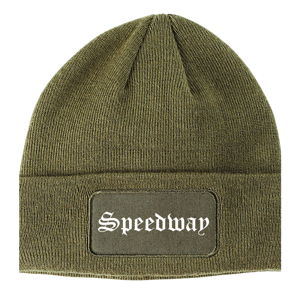 Speedway Indiana IN Old English Mens Knit Beanie Hat Cap Olive Green