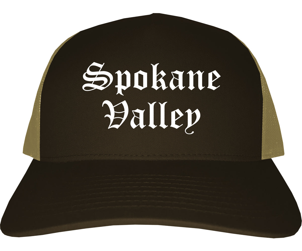 Spokane Valley Washington WA Old English Mens Trucker Hat Cap Brown