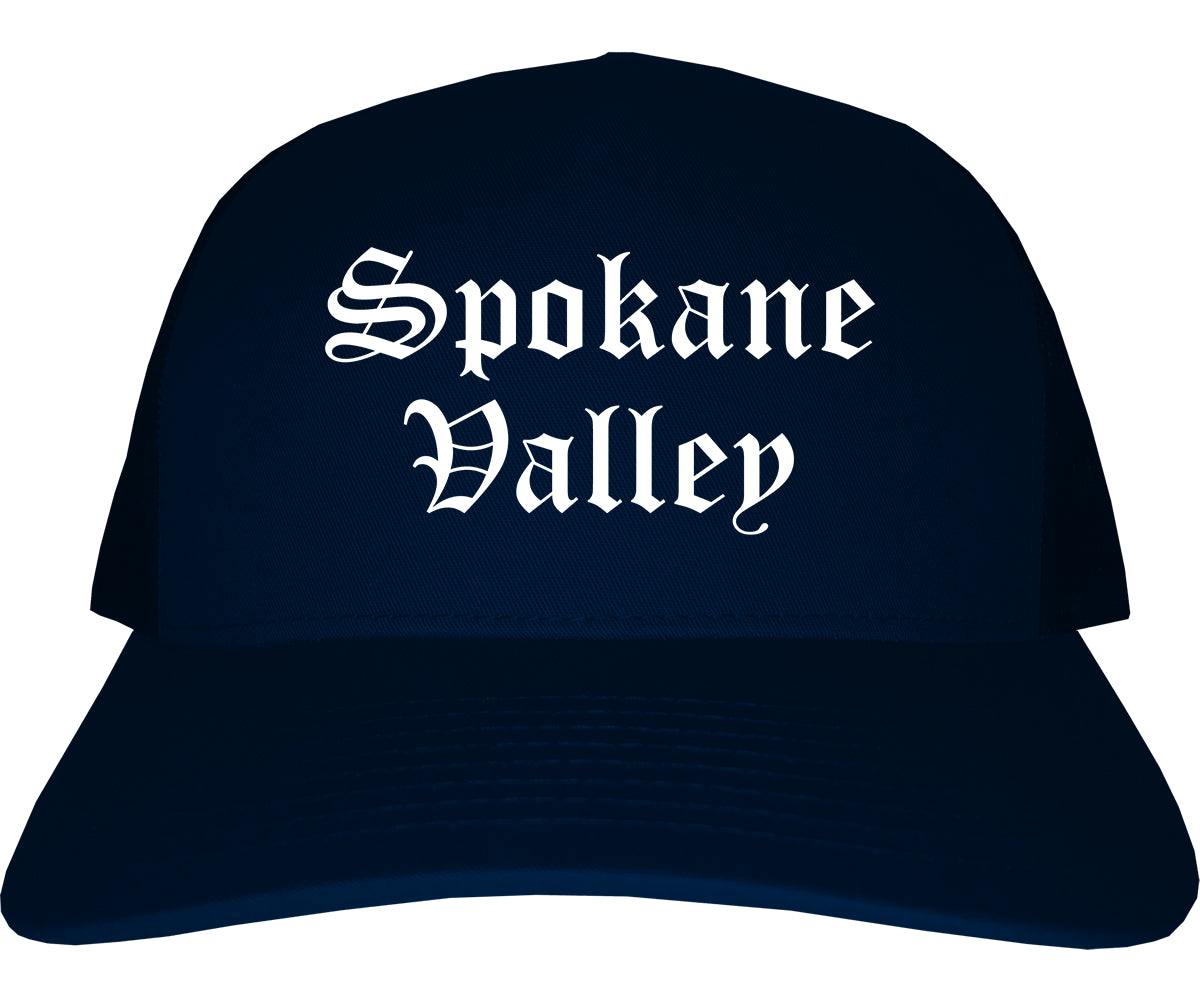 Spokane Valley Washington WA Old English Mens Trucker Hat Cap Navy Blue