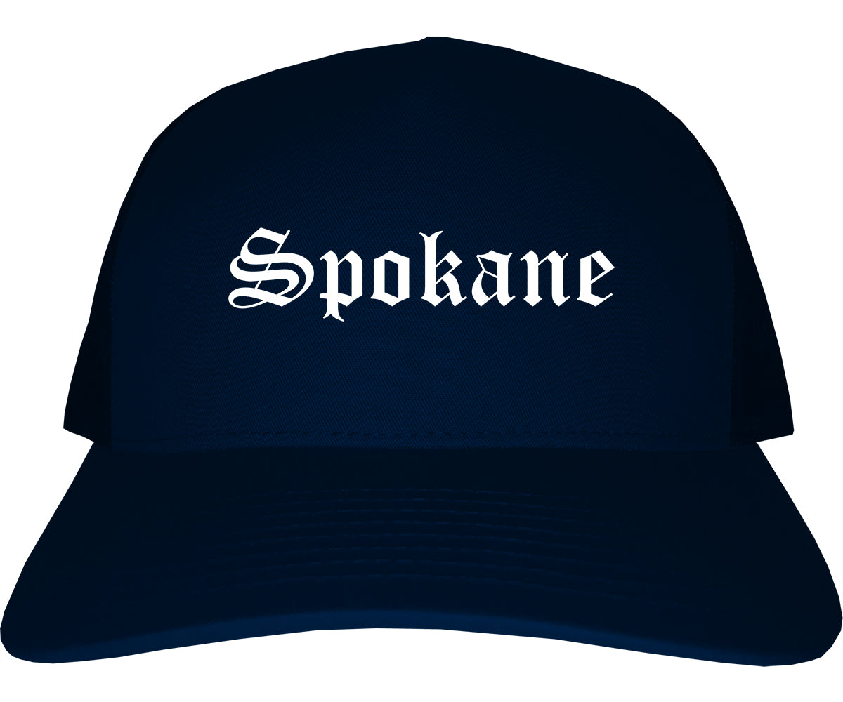 Spokane Washington WA Old English Mens Trucker Hat Cap Navy Blue