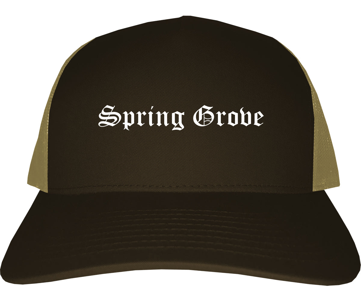 Spring Grove Illinois IL Old English Mens Trucker Hat Cap Brown