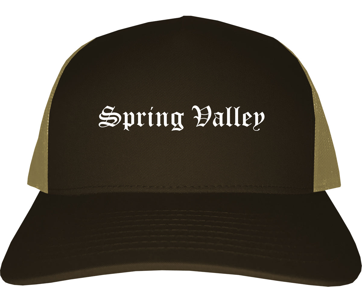 Spring Valley Illinois IL Old English Mens Trucker Hat Cap Brown