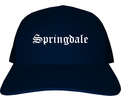 Springdale Arkansas AR Old English Mens Trucker Hat Cap Navy Blue