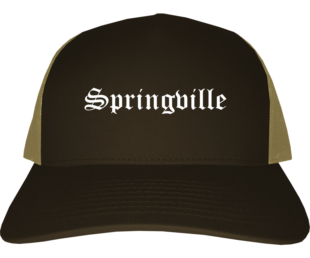 Springville Utah UT Old English Mens Trucker Hat Cap Brown