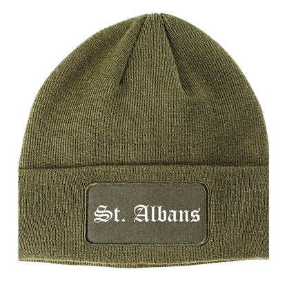 St. Albans Vermont VT Old English Mens Knit Beanie Hat Cap Olive Green