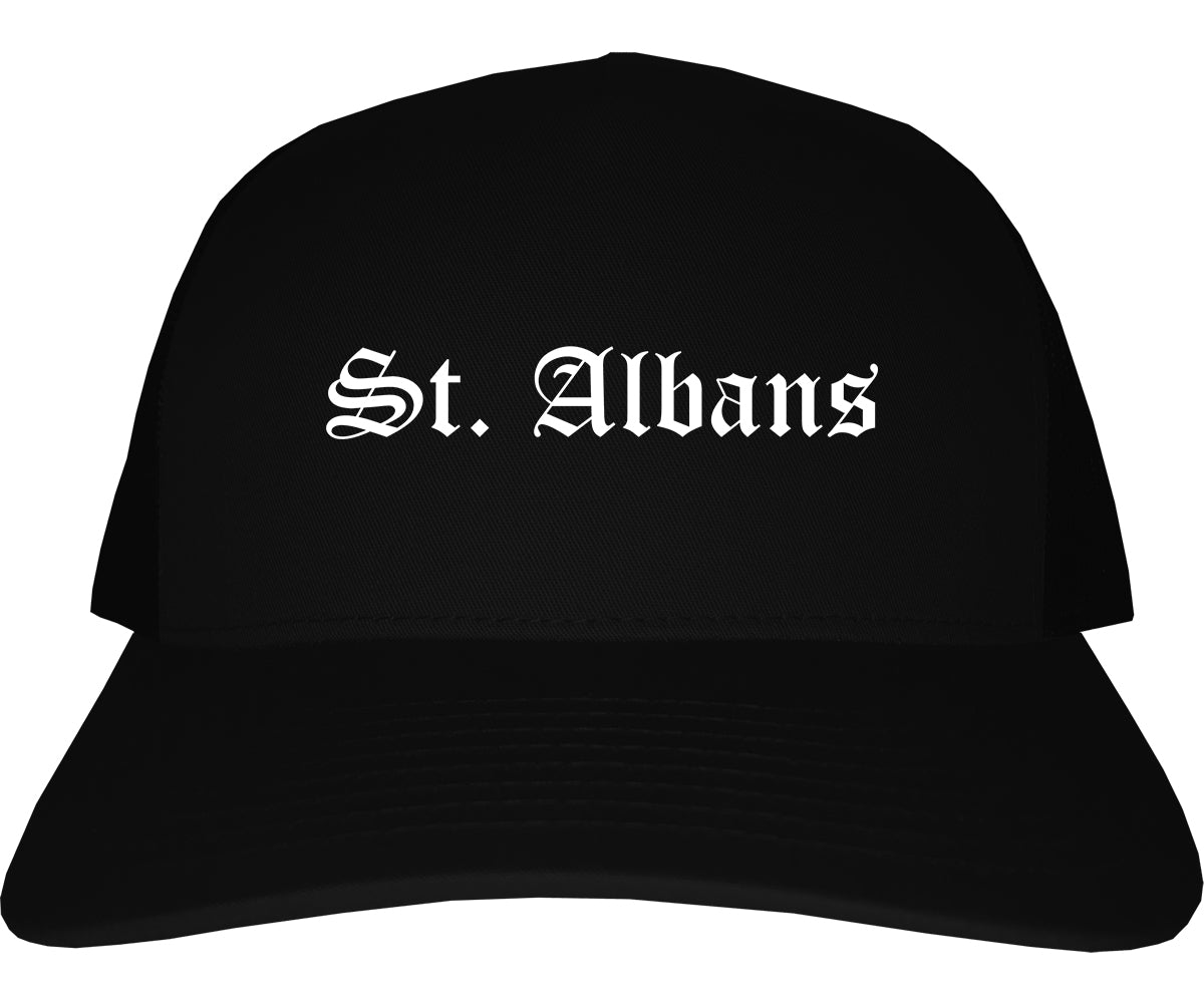 St. Albans Vermont VT Old English Mens Trucker Hat Cap Black
