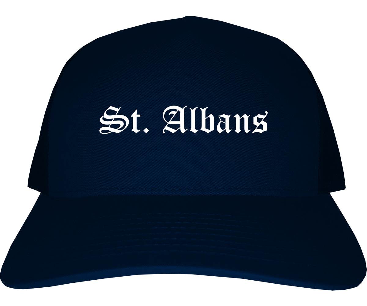 St. Albans Vermont VT Old English Mens Trucker Hat Cap Navy Blue