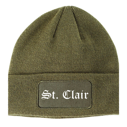 St. Clair Michigan MI Old English Mens Knit Beanie Hat Cap Olive Green