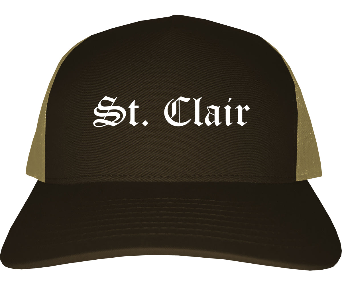 St. Clair Michigan MI Old English Mens Trucker Hat Cap Brown