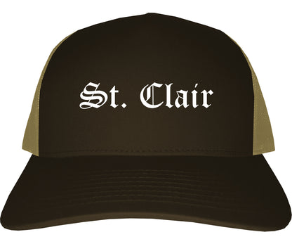 St. Clair Michigan MI Old English Mens Trucker Hat Cap Brown