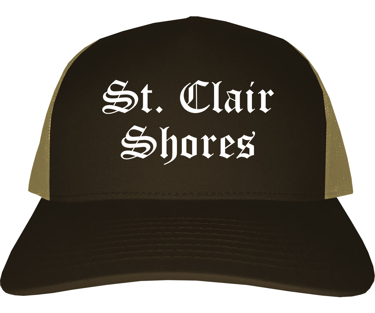 St. Clair Shores Michigan MI Old English Mens Trucker Hat Cap Brown