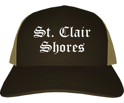 St. Clair Shores Michigan MI Old English Mens Trucker Hat Cap Brown