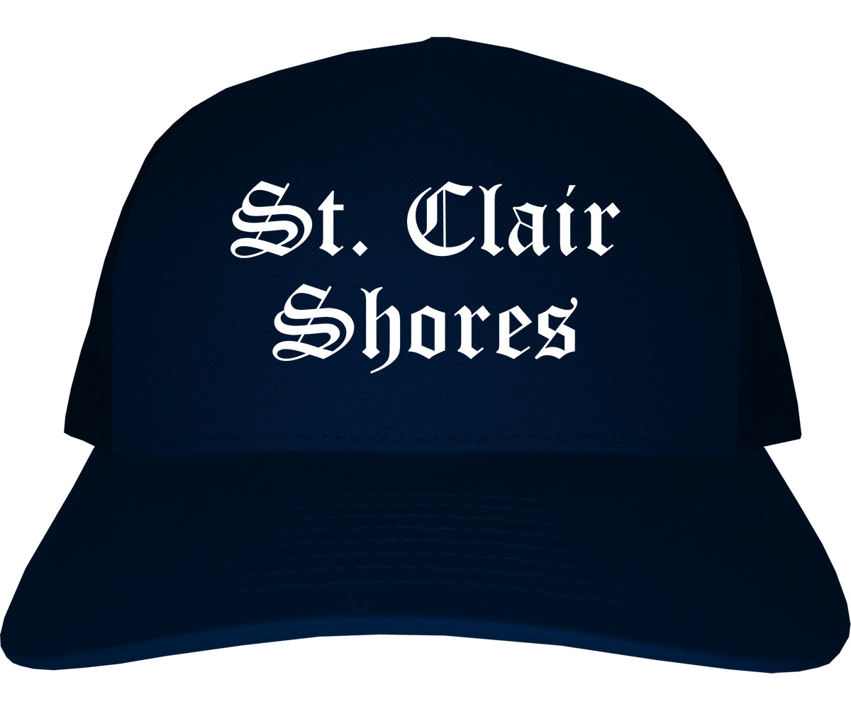 St. Clair Shores Michigan MI Old English Mens Trucker Hat Cap Navy Blue