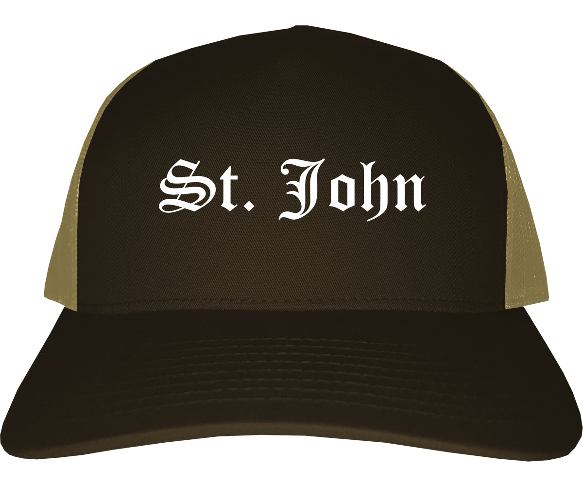 St. John Indiana IN Old English Mens Trucker Hat Cap Brown