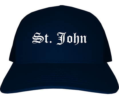 St. John Indiana IN Old English Mens Trucker Hat Cap Navy Blue