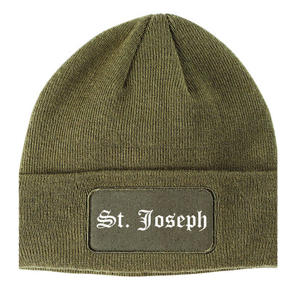 St. Joseph Michigan MI Old English Mens Knit Beanie Hat Cap Olive Green