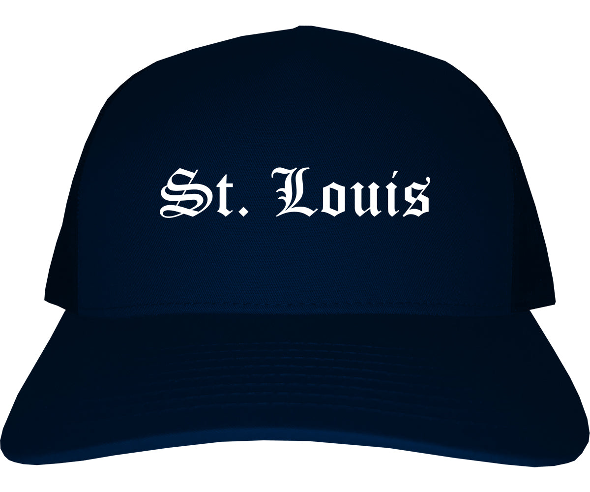 St. Louis Michigan MI Old English Mens Trucker Hat Cap Navy Blue