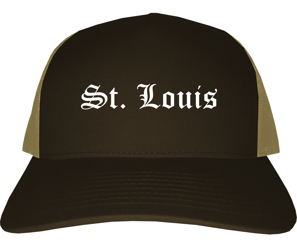 St. Louis Missouri MO Old English Mens Trucker Hat Cap Brown