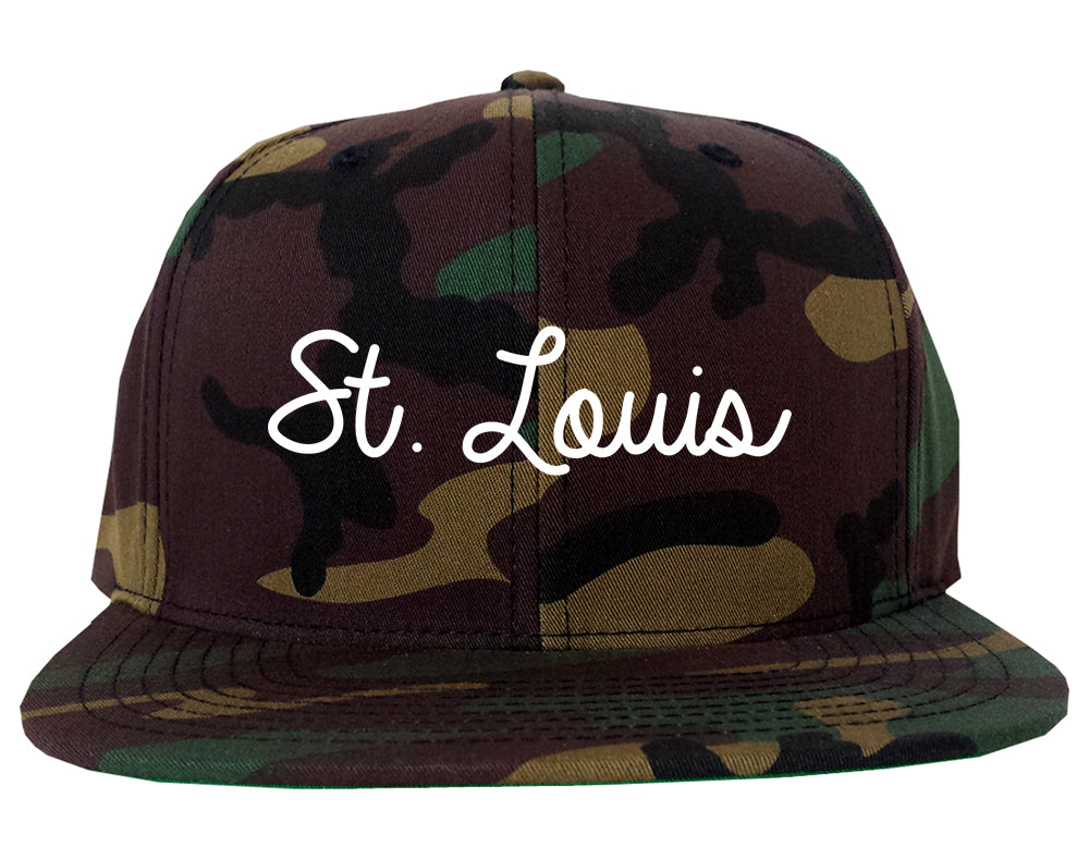 St. Louis Missouri MO Script Mens Snapback Hat Army Camo