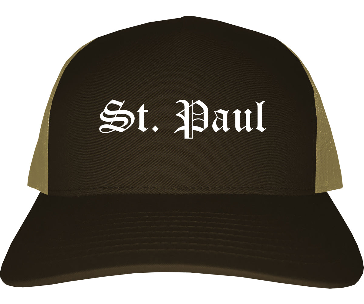 St. Paul Minnesota MN Old English Mens Trucker Hat Cap Brown