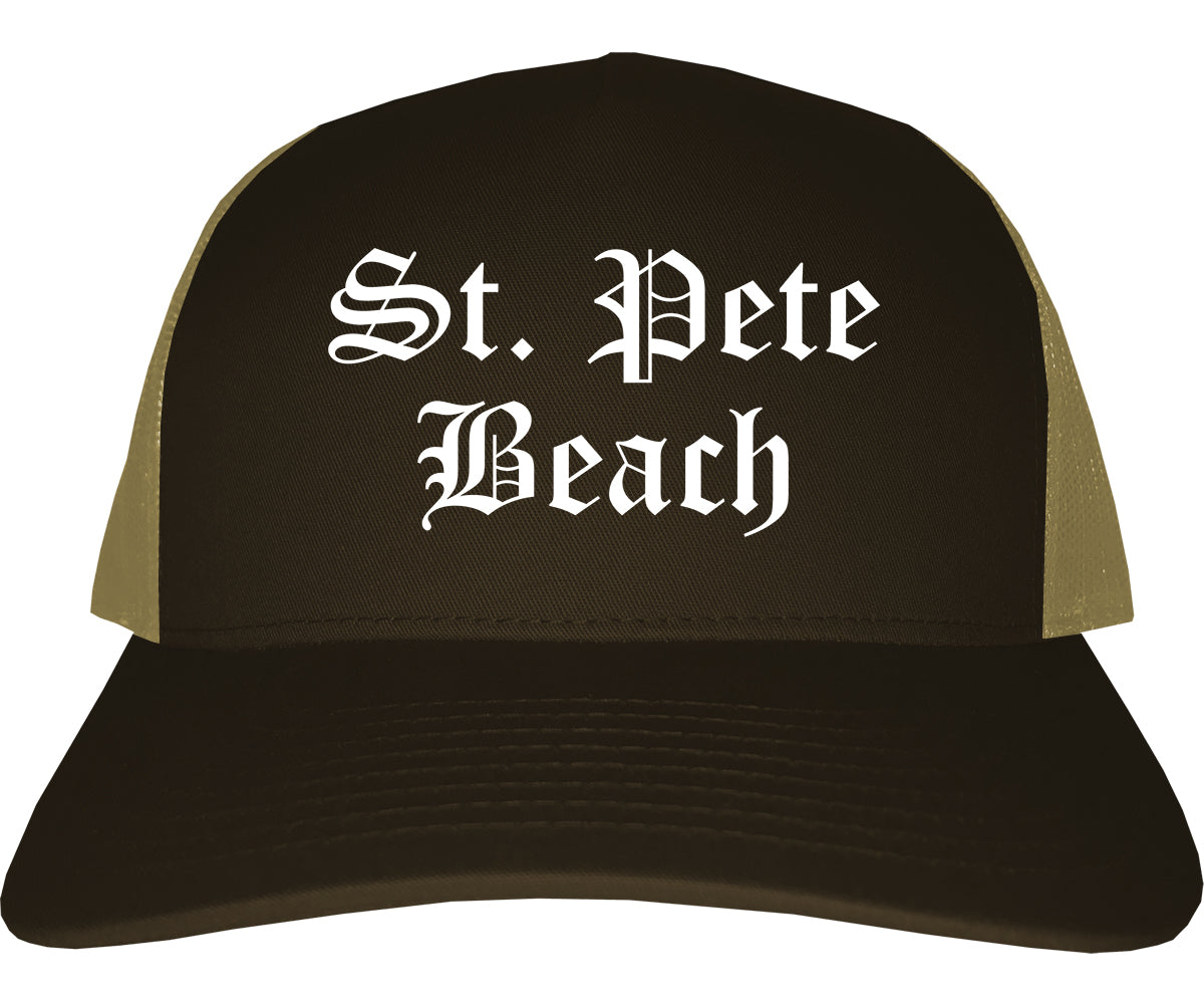 St. Pete Beach Florida FL Old English Mens Trucker Hat Cap Brown